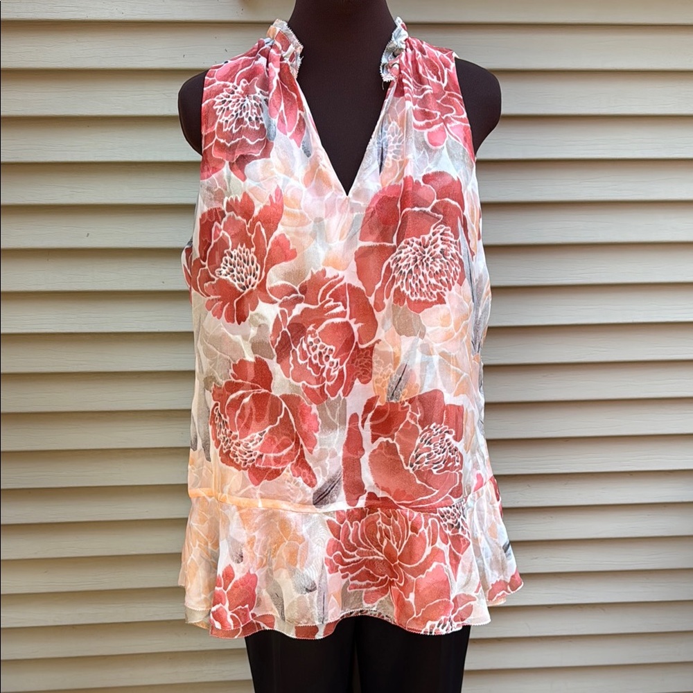 White House Black Market Floral Top - Toned Red/Orange and White Size L Petite